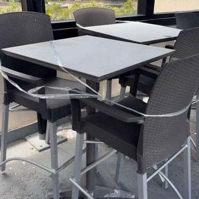 DBB827 (2) Gray Metal High Bar Tables With (4) Gray Woven Vinyl High Chairs