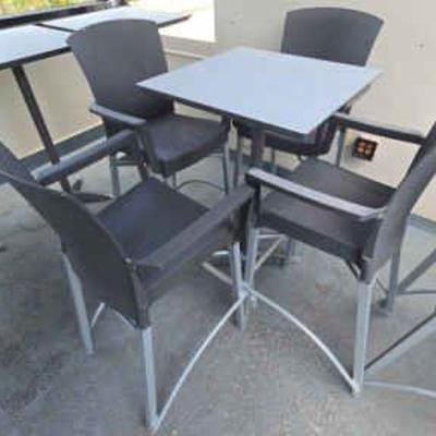 DBB824 (2) HIGH GRAY BAR TABLES & (8) WOVEN GRAY VINYL HIGH CHAIRS