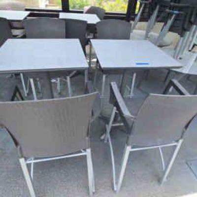 DBB828 (2) Gray Metal High Bar Tables With (4) Gray Woven Vinyl High Chairs