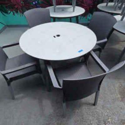 DBB825 (2) Gray Round Tables With (8) Gray Woven Vinyl Chairs
