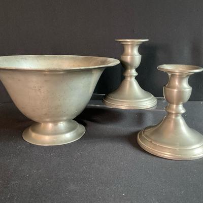 Pewter Bowl & Candlesticks 