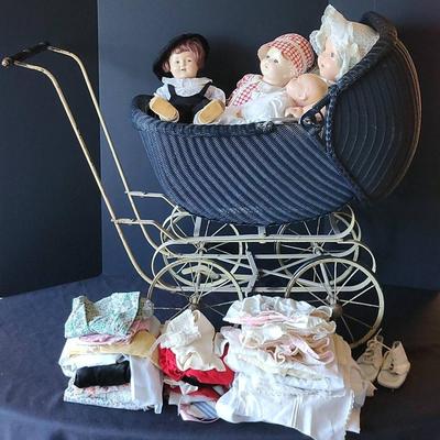 Antique Topliff Wicker Basinet + Dolls (LR)