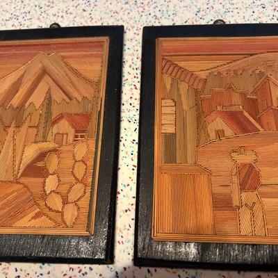2 Small Hand Made South American Inlaid Straw Art  4”W X 6”H