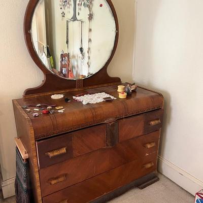 Vintage Art Deco Waterfall 3 Drawers Vanity With Mirror