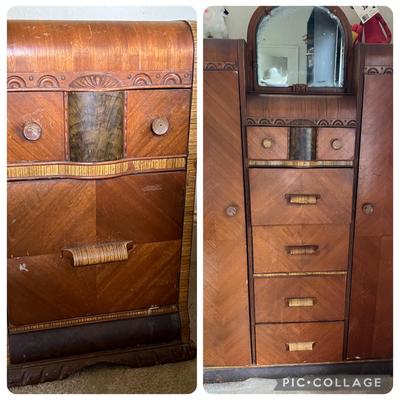 Vintage Art Deco Waterfall Bedside Table And Suit/dress Wardrobe 