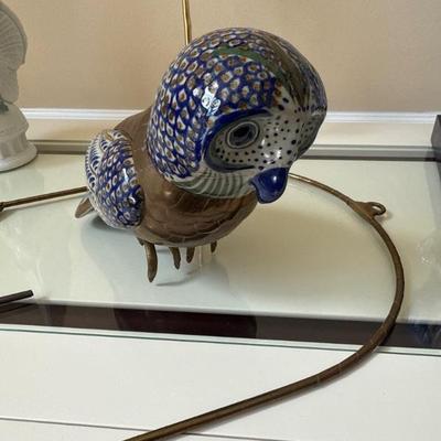 VINTAGE TONALA BRASS AND CERAMIC BIRD WITH PERCH