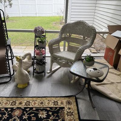 WICKER ROCKER, PLANT STAND, CERAMIC GEESE
