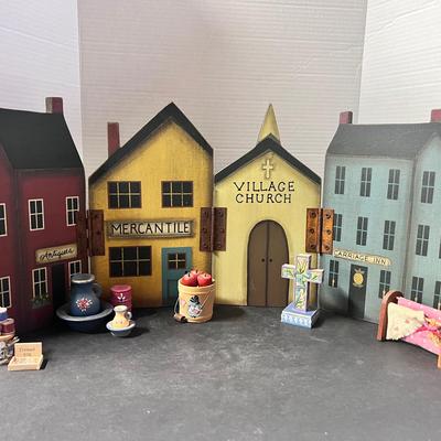 Wood Display of Houses & Buildings Mercantile Antique Store, Mini Wood Decor, Jim Shore Cross