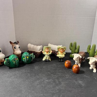 Western Cowboy Salt & Pepper Shakers (7) Cactus Donkey Wagon Bulls Barrels 