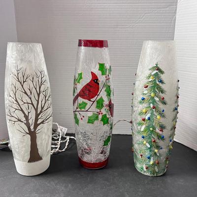 Electric Crackle Glass Lighted Vases (3) Handpainted Christmas Tree Cardinal Birds Snowy Tree 