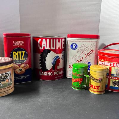 Canister Tins Lot (7) Barnum Animals Cracker Jack Calumet Ritz Hersheys 
