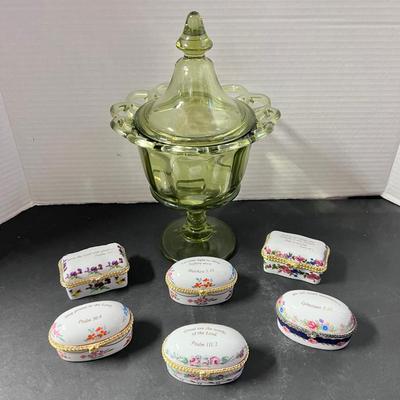 Vintage Green Glass Footed Candy Jar w/ Lid, (6) Inspirational Trinket Boxes 