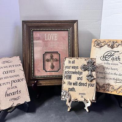 Wall Hangings Lot (4) Cross Framed Picture, 3 Stone Style Faith Peace Direct Your Path 