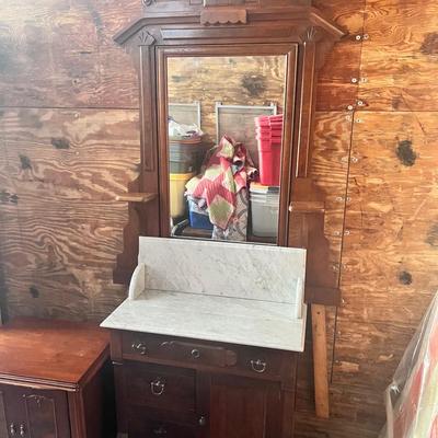 Antique Marble Top Walnut Wood Wash Basin Stand w/ Mirror 