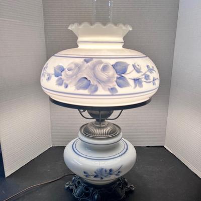 Hurricane Lamp White Blue Flowers Handpainted Electric w/ Glass Insert Works 
