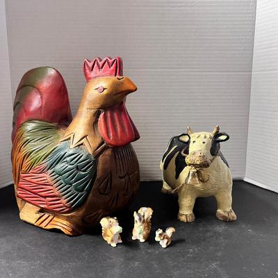 Wood Carved Chicken Thailand, Cow w/ Bell, 3 Mini Ceramic Squirrels 