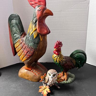 Wood Carved Chicken Thailand, Porcelain Bisque Owl, Cast Iron Chicken Doorstop