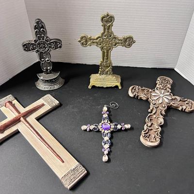 Cross Lot (5) CBK LTD Metal, Green Painted Stand Up, Ornate w/ Flowers, Nail Motif