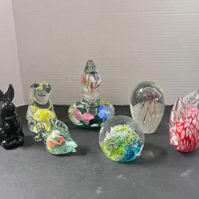 Glass Paperweights Lot (7) Jellyfish AG Perfume w/Stopper Fish Millefori Bunny Dog 