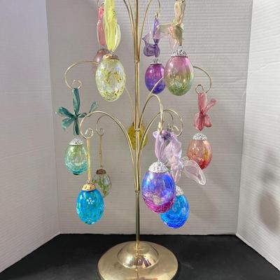 Gold Tone Metal Display Tree, 12 Hanging Crackle Glass Egg Ornaments Handpainted 