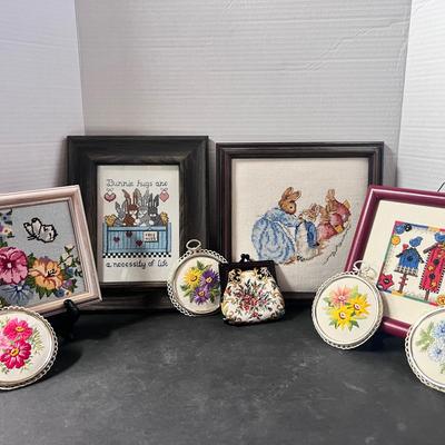 Needlepoint Embroidery Lot (9) Flowers Birdhouses Butterfly Framed Coin Purse 