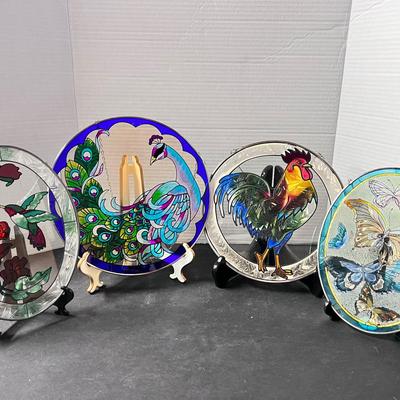 Stained Glass Wall Hangings (4) Peacock Rooster Hummingbird Butterfly