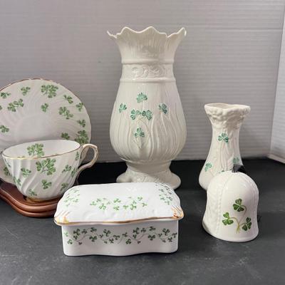 Belleck Pottery Clover Lot 2 Vases Bell Trinket Box Cup Saucer 