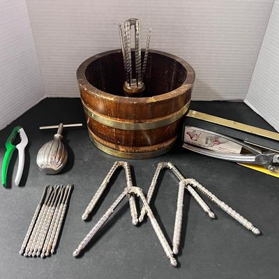Vintage Wood Barrel Bowl w/ Tools Nutcracker Set, Texan Nutcracker, Twist Tool 
