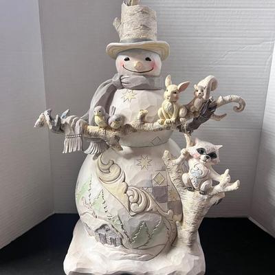 Large Jim Shore Snowman Figure w/ Log Cabin Mountains Birdies Bunnies Decor White