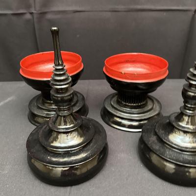 Thai Lacquerware Offering Vessels | Black & Red Hsun-Ok Style with Tiered Spires