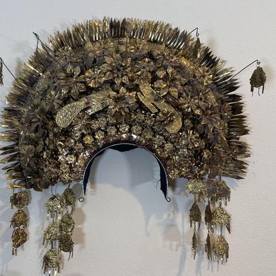 Southeast Asian Ceremonial Headdress | Ornate Gilded Metal with Floral & Bird Motifs | 17" Wide