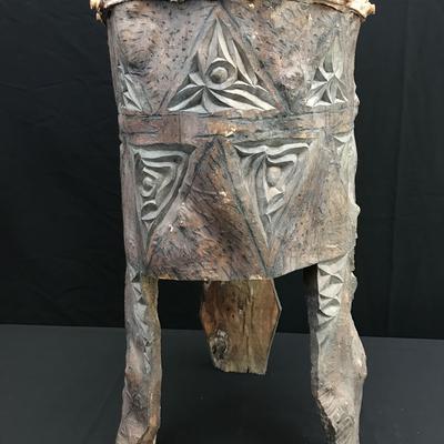 Hand-Carved African Drum Table | 25" Tall | Rustic Tribal Decor