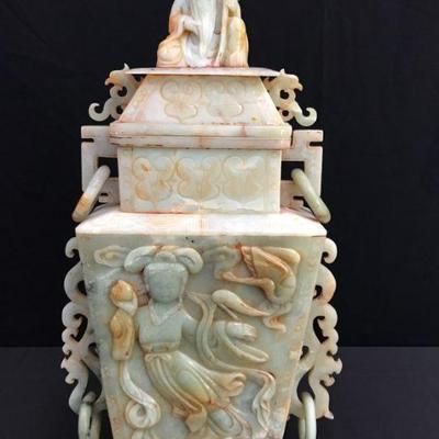 Nephrite Jade Ceremonial Jar – Celestial Relief, Crane & Shou Xing Motif Lid