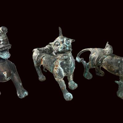 Set of 3 Chinese Bronze Mythical Guardian Beasts | Verdigris Patina | Marked