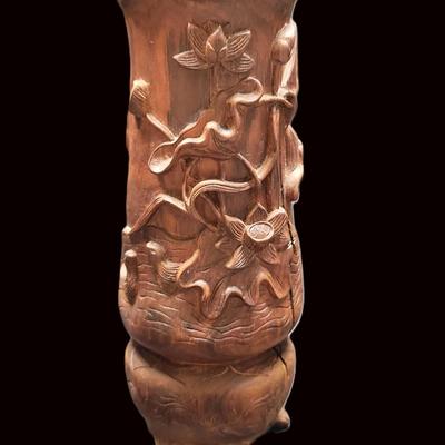 Huanghuali Scholar’s Brush Pot | Bitong with Lotus & Waves Carving