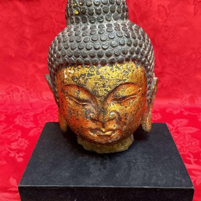 Gilt and Lacquered Cast Buddha Head on Custom Black Base | 9" Tall