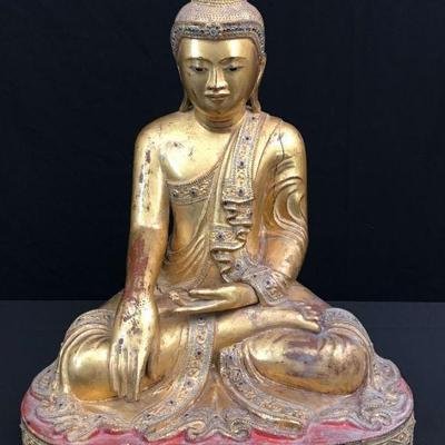 Antique Gilded Seated Buddha in Dhyanasana with Bhumisparsha Mudra on Red Painted Base