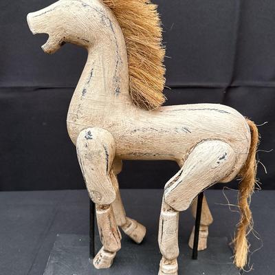 Primitive Wooden Carved Horse | Mounted Marionette Puppet w/ Jointed Legs | 15" Tall