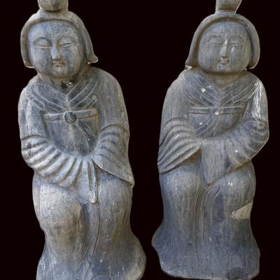 Pair of Stone Figures of Tang Dynasty Women – Serene Elegance & Traditional Attire