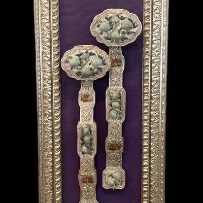 Pair of Ornate Silver Ruyi Scepters – Framed, with Jade, Carnelian & Floral Motifs in Relief