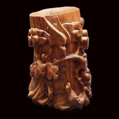 Chinese Huanghuali Wood Bitong | Scholar’s Brush Pot with Bird & Plum Blossom Motif