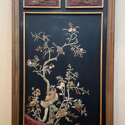 Large Elm Wood Panel with Jade & Stone Inlays – Birds & Flowering Tree on Black & Gilded Frame