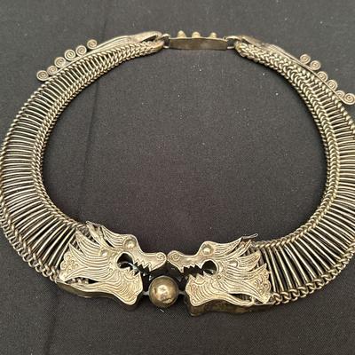 Silver Double Dragon Collar Necklace | Intricate Woven Chain & Ornate Filigree
