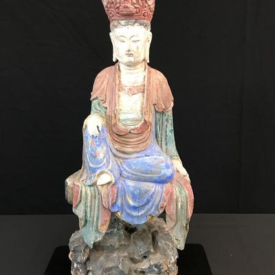 Antique Chinese Bodhisattva Statue | Hand-Carved & Polychrome Painted