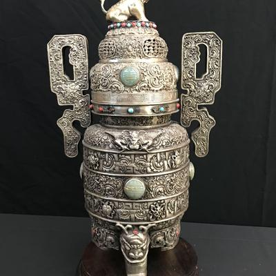 Mongolian Silver Incense Urn (#1)  Mythical Finial, Jade, Turquoise & Coral Inlay, Ceremonial Design