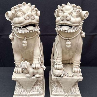 Pair of 18-Inch Guardian Foo Lions – Intricately Carved with Pedestals, Imperial Symbolism