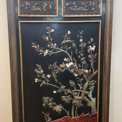 Large Elm Wood Panel with Jade & Stone Inlays – Birds, Blossoms & Bamboo on Black & Gilded Frame