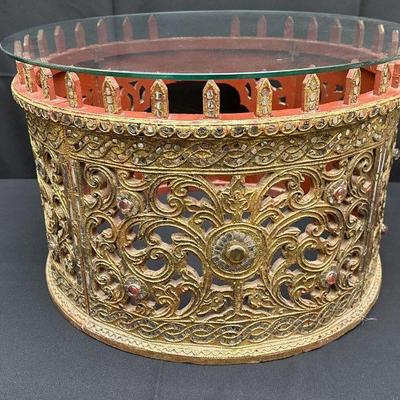 Antique Burmese Gilded Hsain Wain Frame | Repurposed as Decorative Table with Glass Top