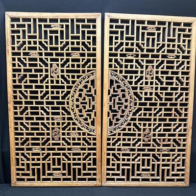 Pair of Antique Chinese Latticed Panels – Intricate Geometric Openwork with Circular Medallion Motif