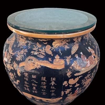 Chinese Black Lacquer Porcelain Fishbowl Table | 16" Tall with Glass Top